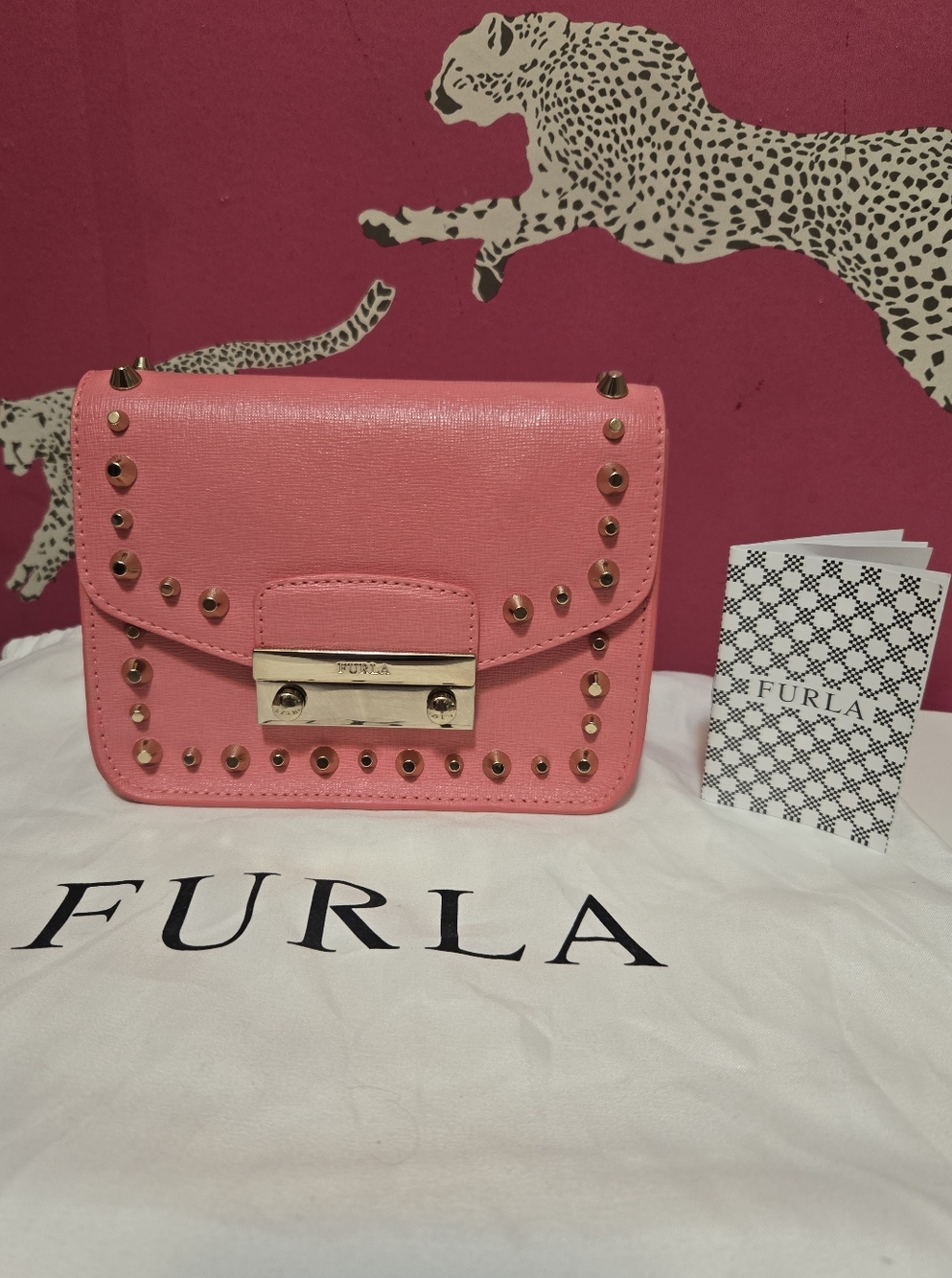 EUC Furla Pink Patent Saffiano Leather Studded Shoulder Crossbody Bag W Dusty